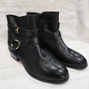 Lauren Ralph Lauren Black Leather Ankle Boots Gold Buckle Accent Stylish sz 7.5B